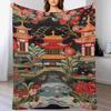 GUOYU Decke Überwurfdecke Chinoiserie Anthrazit Koralle Pagode Flanell Fleece Überwurfdecke Japanischer Asiatischer Stil Decke Pagode und Blume