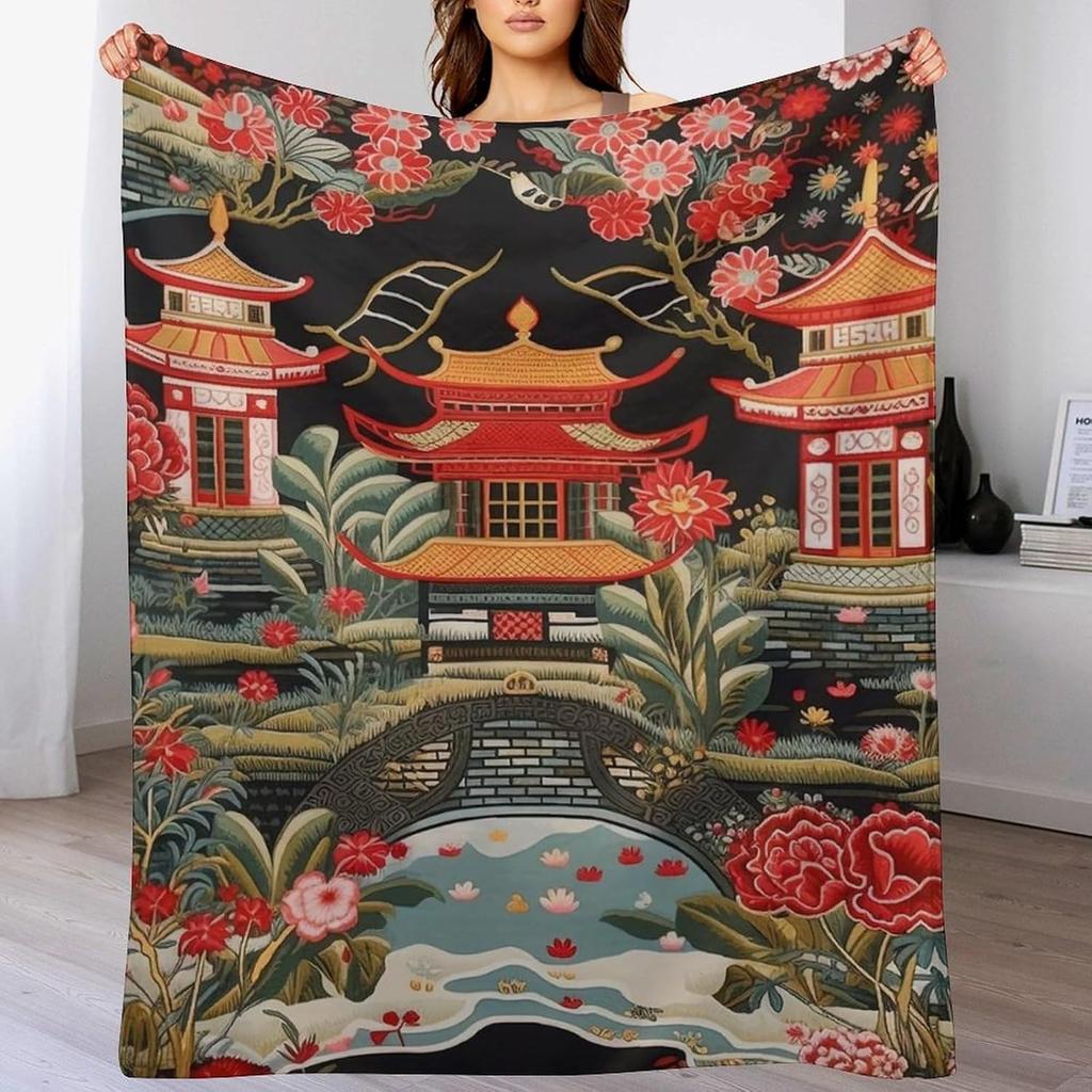 GUOYU Decke Überwurfdecke Chinoiserie Anthrazit Koralle Pagode Flanell Fleece Überwurfdecke Japanischer Asiatischer Stil Decke Pagode und Blume