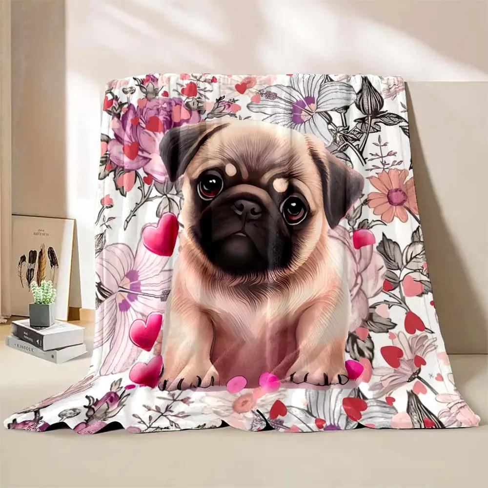 Cute Pet Dog Pug Print Throw Blanket Soft Cozy Flannel Blanket Lightweight Warm Bed Blanket for Couch Sofa Camping Office Travel