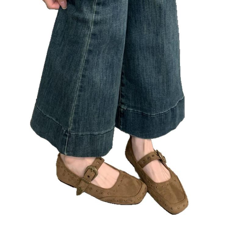 Autumn New Retro One-word with Square Head Mary Jane Shoes Fairy Flat Bottom Shallow Mouth Single Shoes Grandma Shoes