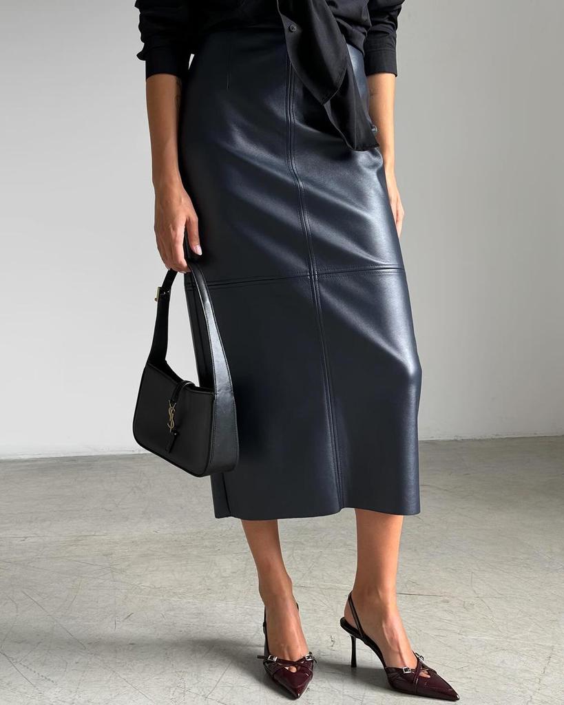 2024 Zimní dámská sukně midi bodycon z PU kůže s vysokým pasem a rozparkem