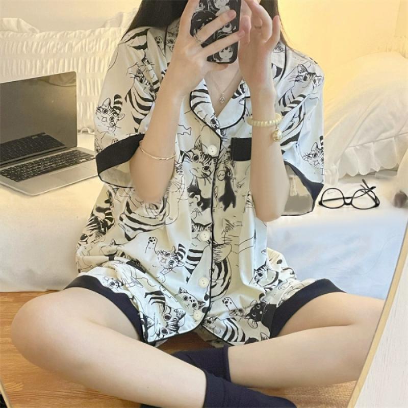 

Милая женская пижама из двух частей с рисунком черного кота из мультфильма, имитация шелка, летняя, классическая, короткая, женская, домашняя одежда L
