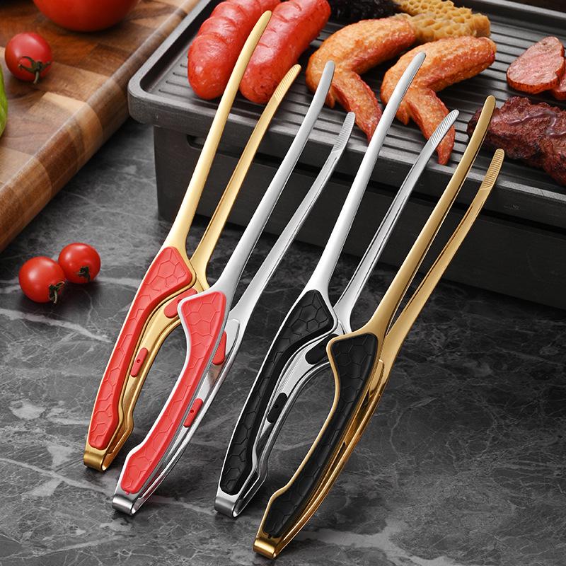 "Korean Style Titanium Gold-Plated 304 Stainless Steel Pointed Tip Tongs with Rubber Handle for Barbecue and Food">