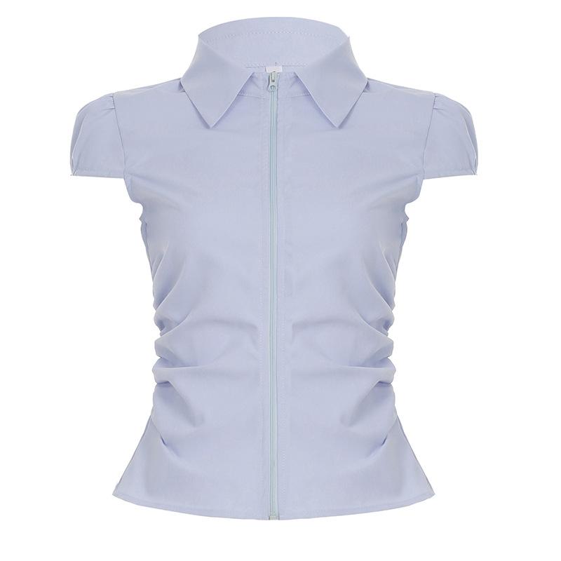 

Женская рубашка на молнии, плиссированная, облегающий топ для горячей девушки, короткая, обтягивающая и тонкая базовая рубашка L светло-синий