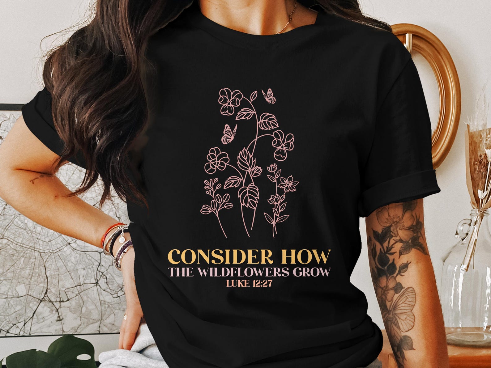 Wildflower Christian T-Shirts, Luke 12 27 Verse, Bible Verse, God Faith Apparel, Jesus T Shirt, Religious Gifts, Christian Gifts 3XL