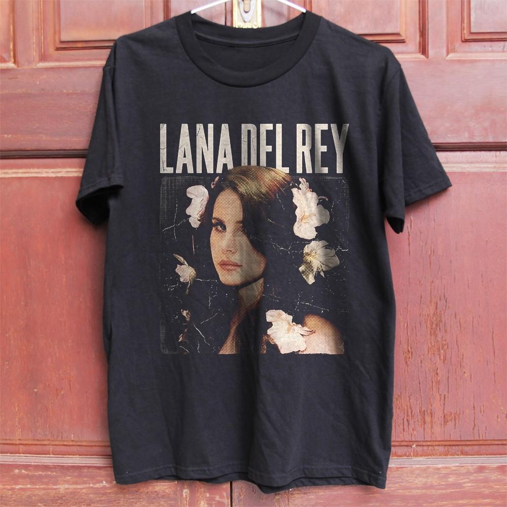 HOT! Lana Del Rey Floral Portrait Unisex Black Cotton T-Shirt Size S-5XL