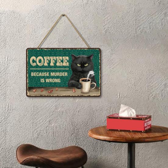 Retro Cat Coffee Wall Sign Funny Black Cat Wall Art Poster Vintage Wood Hanging Sign for Kitchen Coffee Bar Home Decor