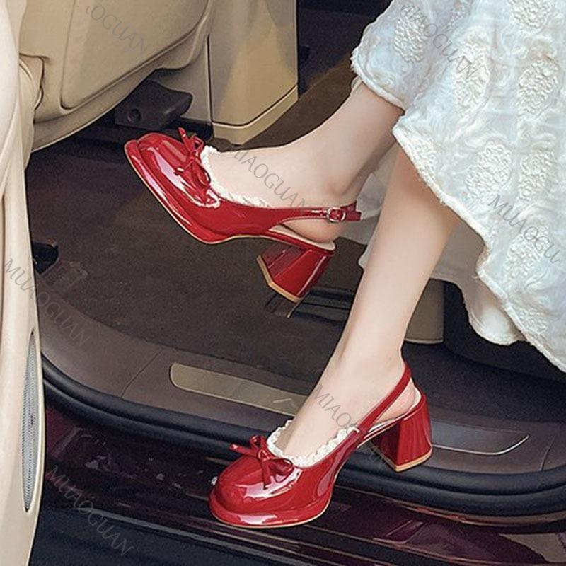 Fashion Sweet Bowknot Patent Leather Mary Jane Shoes Women 2025 Summer Pointed Toe High Heel Sling Back Pumps Fashion Party Dress Shoes