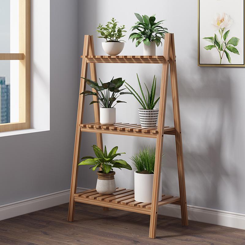Pastoral Solid Wood White Flower Stand: Three-Tier Folding Floor Shelf and Multi-Tier Storage Rack for Living Room