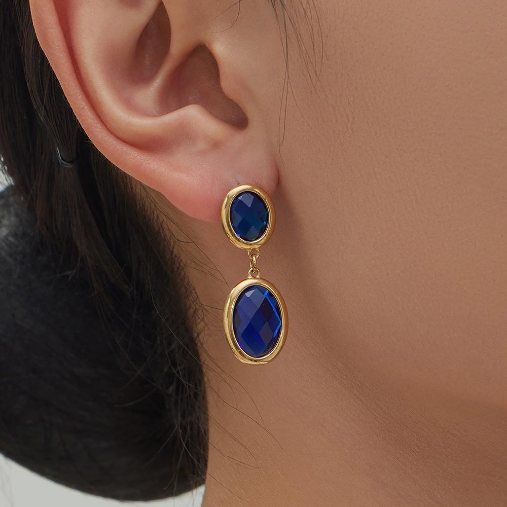 Orecchini a Pendente Ovali Geometrici Placcati Oro 18K con Pietra di Vetro Sfaccettata