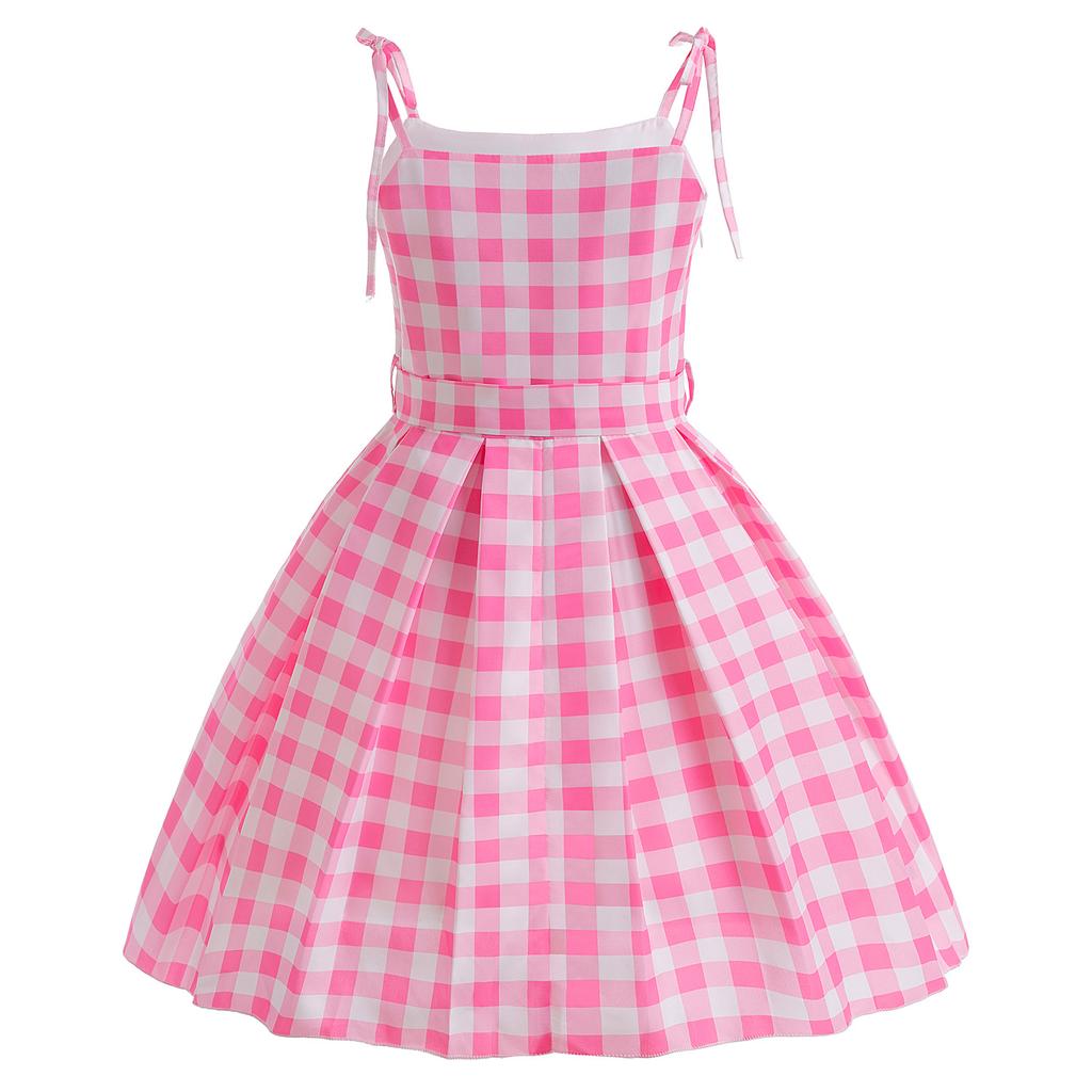Children Cosplay Movie Clothes Princess Dress Girls Suspender Plaid Waist Fashion Pink Long Dresses with Bow Hair Accessories