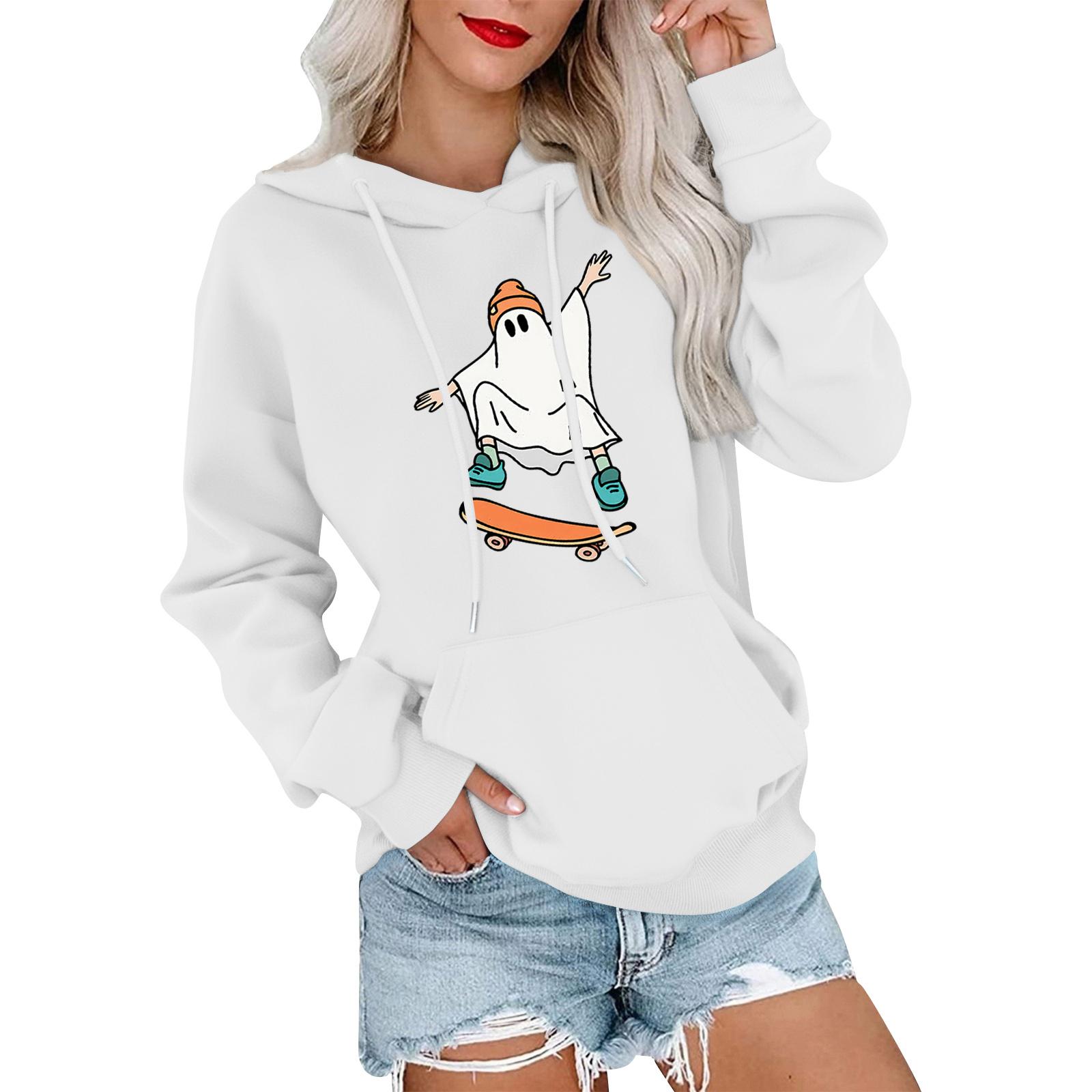 

Женский модный, повседневный, удобный свитер с круглым вырезом, капюшоном, длинными рукавами и принтом на Хэллоуин L белый