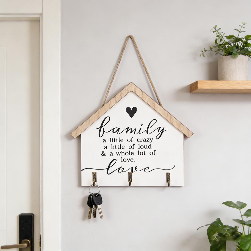 House-shaped Key Rack Wall Wooden Key Holder with 3 Hooks Decorative Key Organizer Mail Rack with Shelves for Entryway Kitchen
