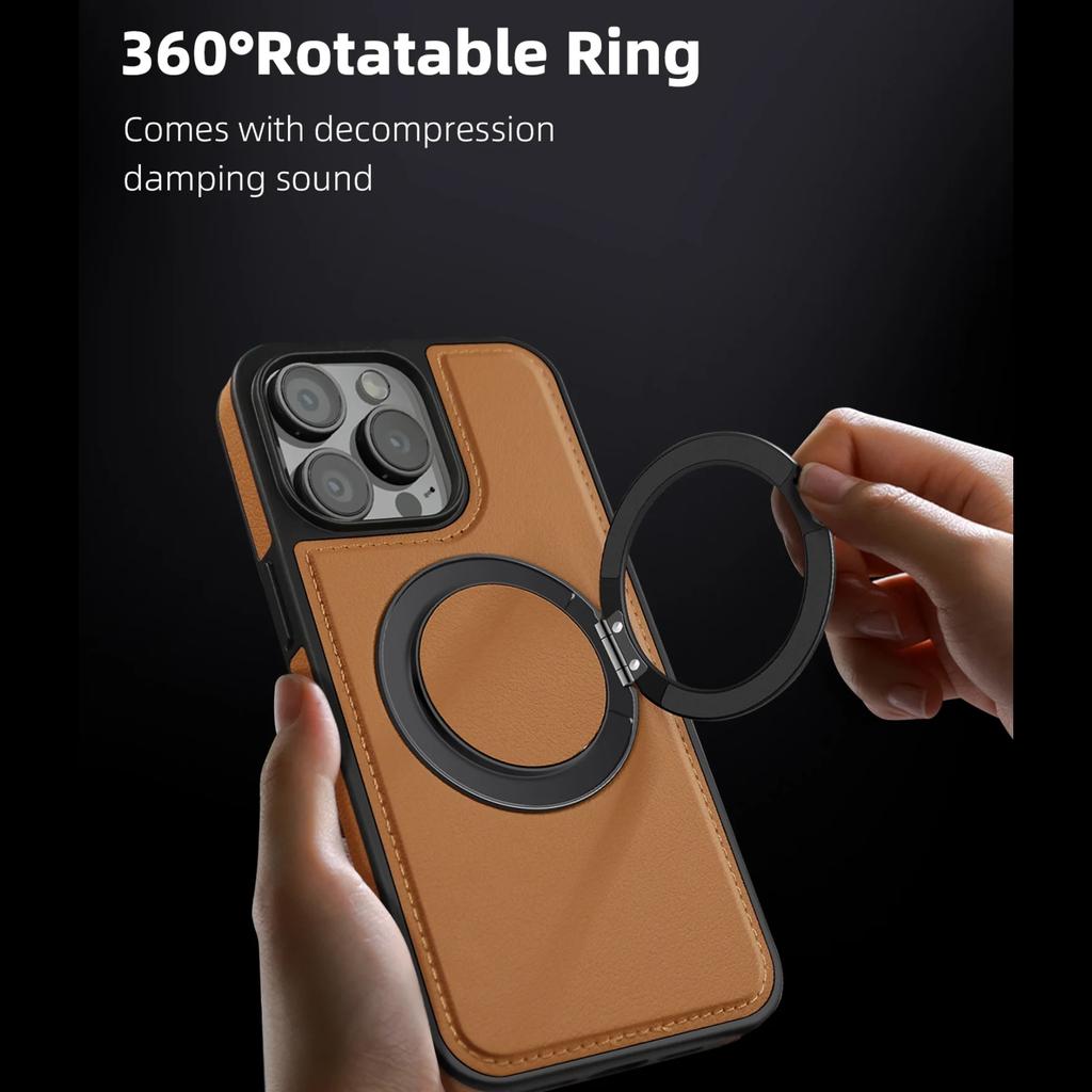 Leather 360 Ring Magnetic Holder Phone Case For iPhone 17Air 16 Plus 14 15 13 12 11 17Pro Max For Magsafe Wireless Charging Phone Cover