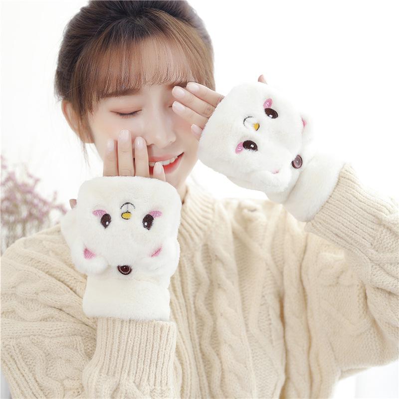 

Women s Winter Rabbit Fur Fingerless Flip-Top Gloves, Velvet-Lined Bear Cartoon Style One Size бежевий