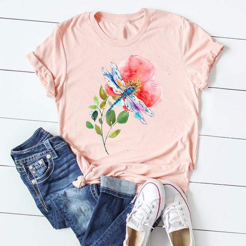 (Asian Size) Dragonfly Dandelion Plant Short Sleeve Women Print Tee Top Summer Fashion Tshirt  Lady Female Clothing Casual Graphic T-shirt