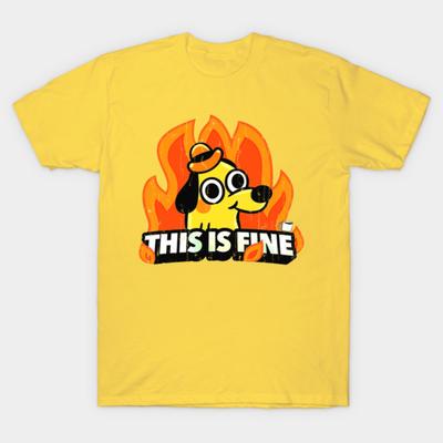 Asian Size Men Black Print T-shirt This Is Fine - Parody Design No-Cut Print Cotton Tshirt