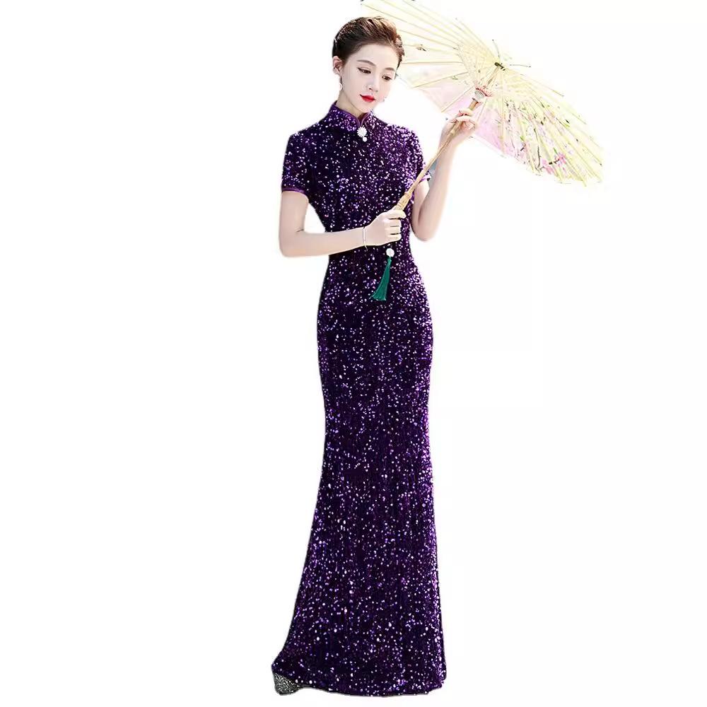 Purple golden velvet cheongsam new model dignified atmosphere catwalk hanfu long sequined fishtail performance clothes
