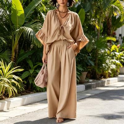 Damen Sommer 2-teilige Outfits, Rüschen Halbarm V-Ausschnitt Oberteil passend zu Weitbeinigen Hosen Urlaubs Lounge Sets mit Taschen