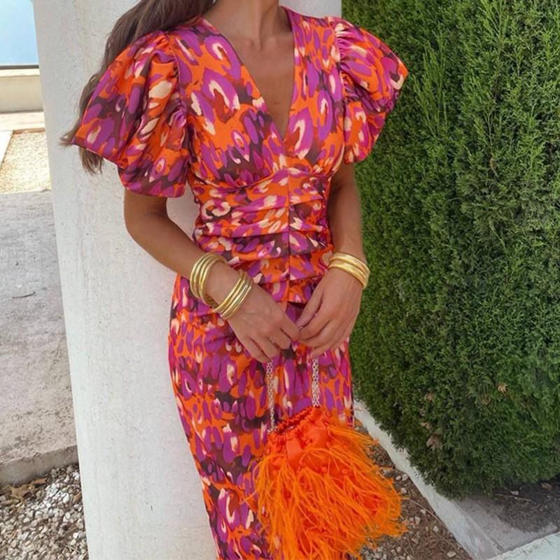 2026 Womens Loose Floral Print A-Line Maxi Dress With V-Neck High Waist Short Sleeve