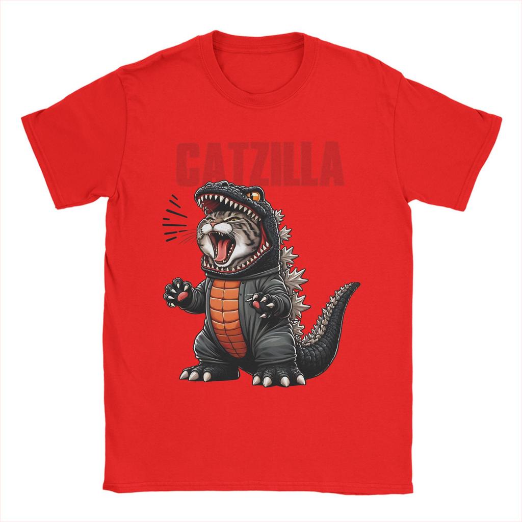 Men Catzilla Funny Cat Monster T Shirts Pure Cotton Clothes Creative Short Sleeve Round Neck Tees Printed T-Shirt