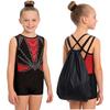 Kids Girls Gymnastics Dance Set Sleeveless Crisscross Back Shiny Rhinestones Color Block Metallic Leotard with Shorts Hairband and Drawstring Backpack