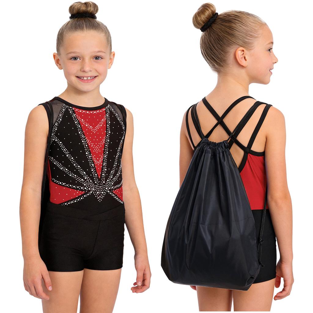 Kids Girls Gymnastics Dance Set Sleeveless Crisscross Back Shiny Rhinestones Color Block Metallic Leotard with Shorts Hairband and Drawstring Backpack