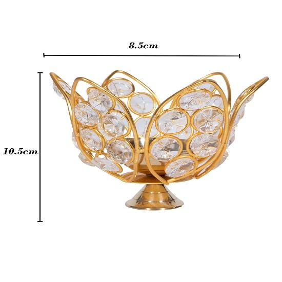 Lâmpada de óleo de cristal decorativa de latão, conjunto de 2 formas de lótus Akhand Diya, cristal de diamante Deepak para Puja e decoração de casa