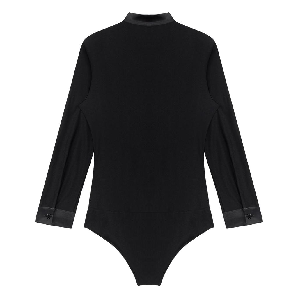 Men's Latin Dance Leotard - Glittery Rhinestones V Neck Long Sleeve Satin Patchwork Bodysuit for Performance
