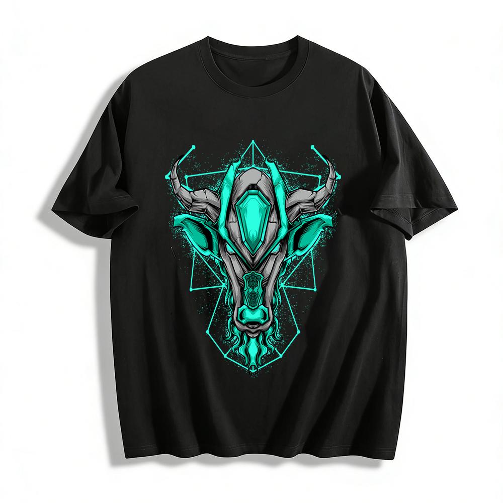 Cyber Mechanical Bull Head Print Cyberpunk Street Style Casual T-Shirt Pure cotton T-shirt XXS