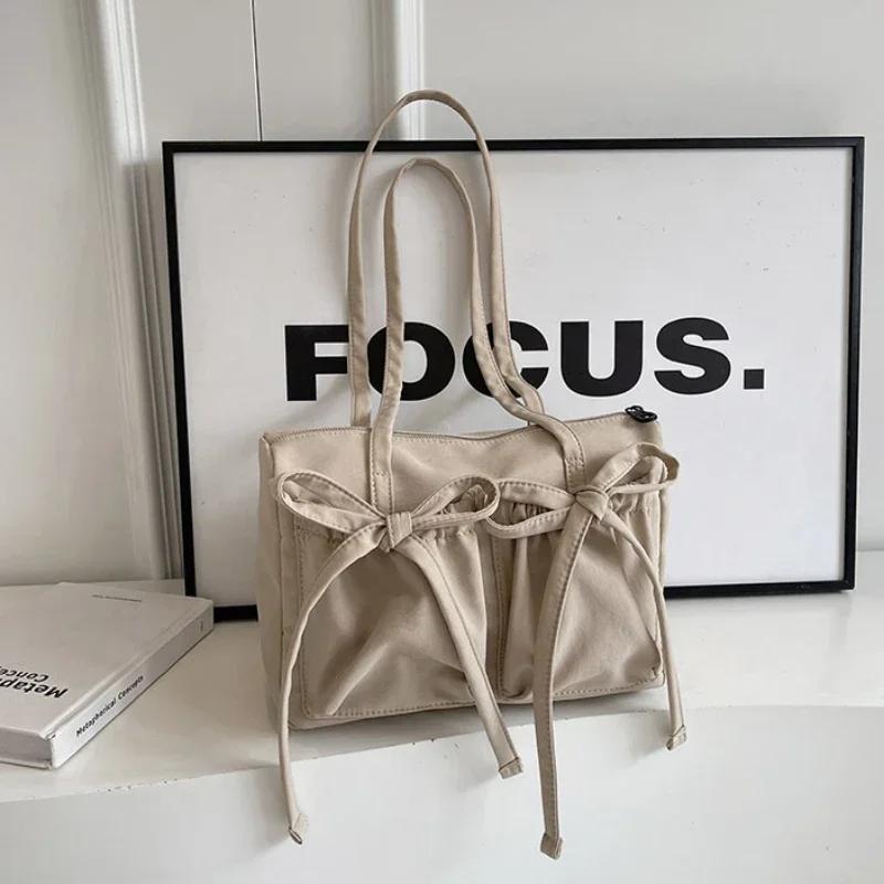 2025 New Korean Bow Nylon Shoulder Bag Folded Large Capacity Commuter Women's Handbag Fashionable and Sweet Design Tote Bag