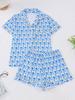 New Women's Pajamas Printed Lapel Collar Short-sleeved Shorts European and American Loungewear Cardigan Loose and Comfortable