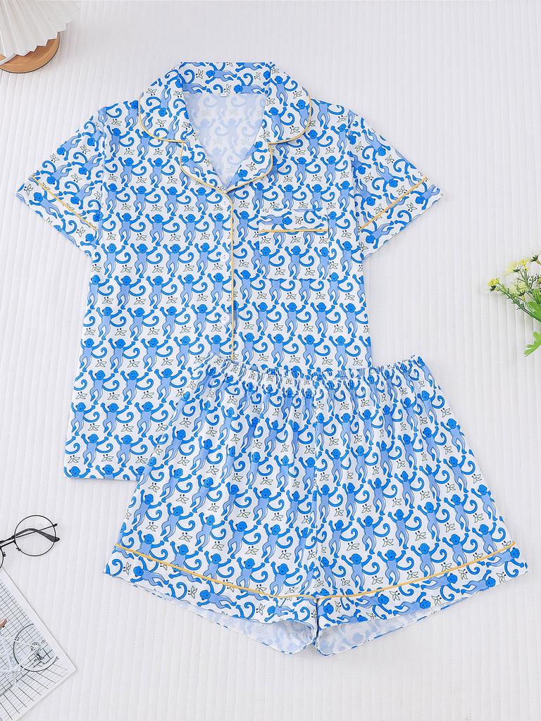 New Women's Pajamas Printed Lapel Collar Short-sleeved Shorts European and American Loungewear Cardigan Loose and Comfortable