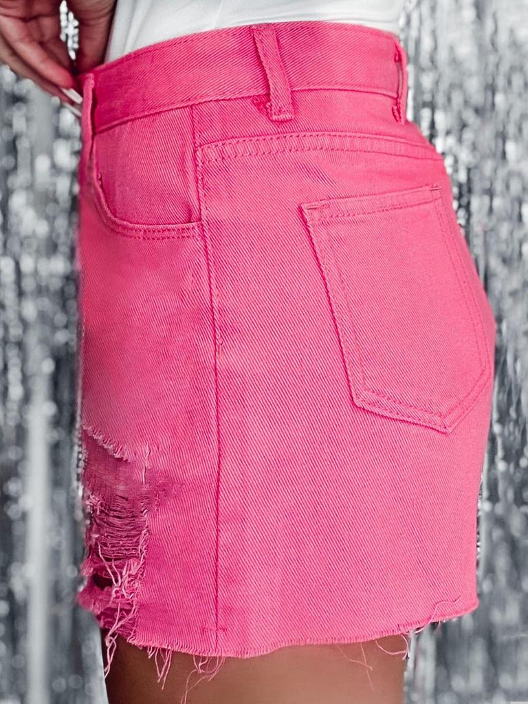 Hot Pink Ripped Denim Shorts with Rhinestones