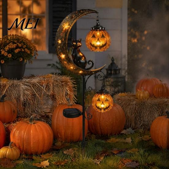 Doces ou Travessuras Acentos para Jardim Externo Halloween Luminária Solar de Estaca para Jardim, Gato Preto Abóbora na Lua Crescente com Lanterna Pendurada para Decoração de Caminho Assustador,