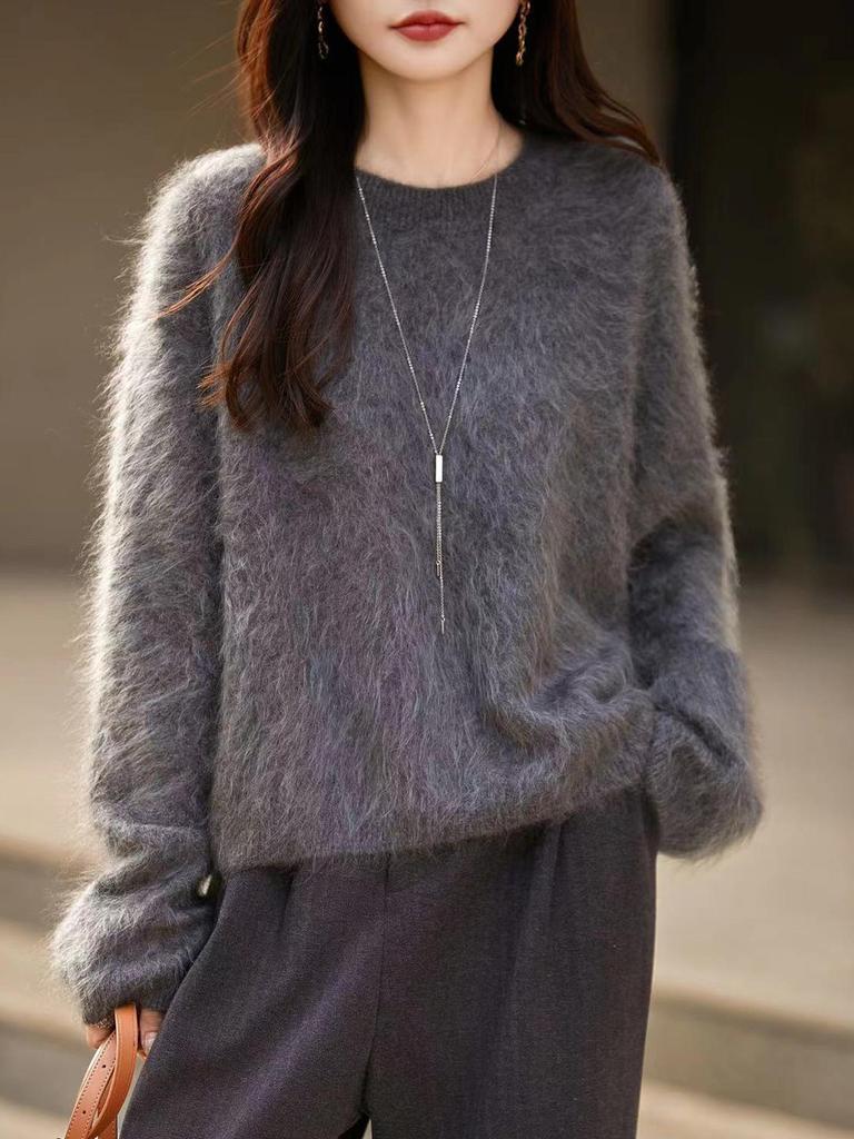 Women's Seamless Cashmere Wool Blend Crew Neck Sweater - Brushed Knit One-Piece Base Layer for Fall/Winter