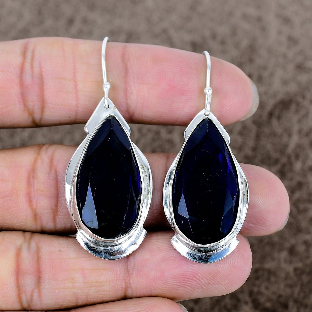 Blue Topaz Gemstone Handmade 925 Sterling Silver Jewelry Earring 2.09" KKG-635