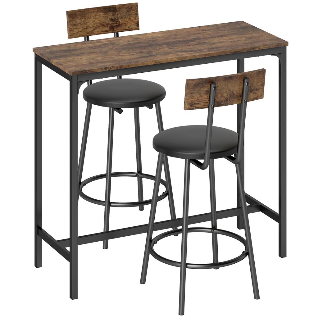 Bar Table Set with 2 Stools, High Kitchen Table, 2 PU-Padded Bar Stools, Footrest, Brown