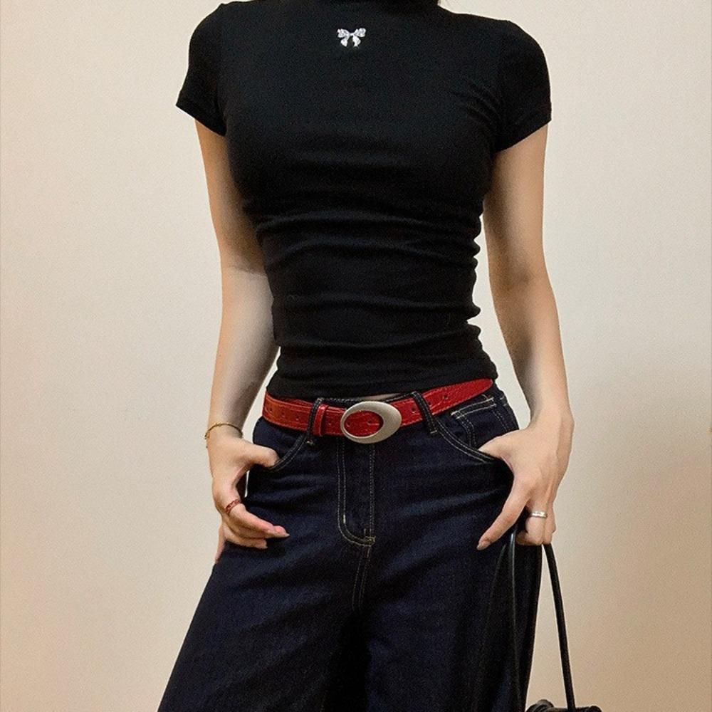 Adjustable Women's Crocodile-patterned Belt Red Black Simple Pin Buckle Metal Buckle Vintage Belt Imitation Leather Waist Belt