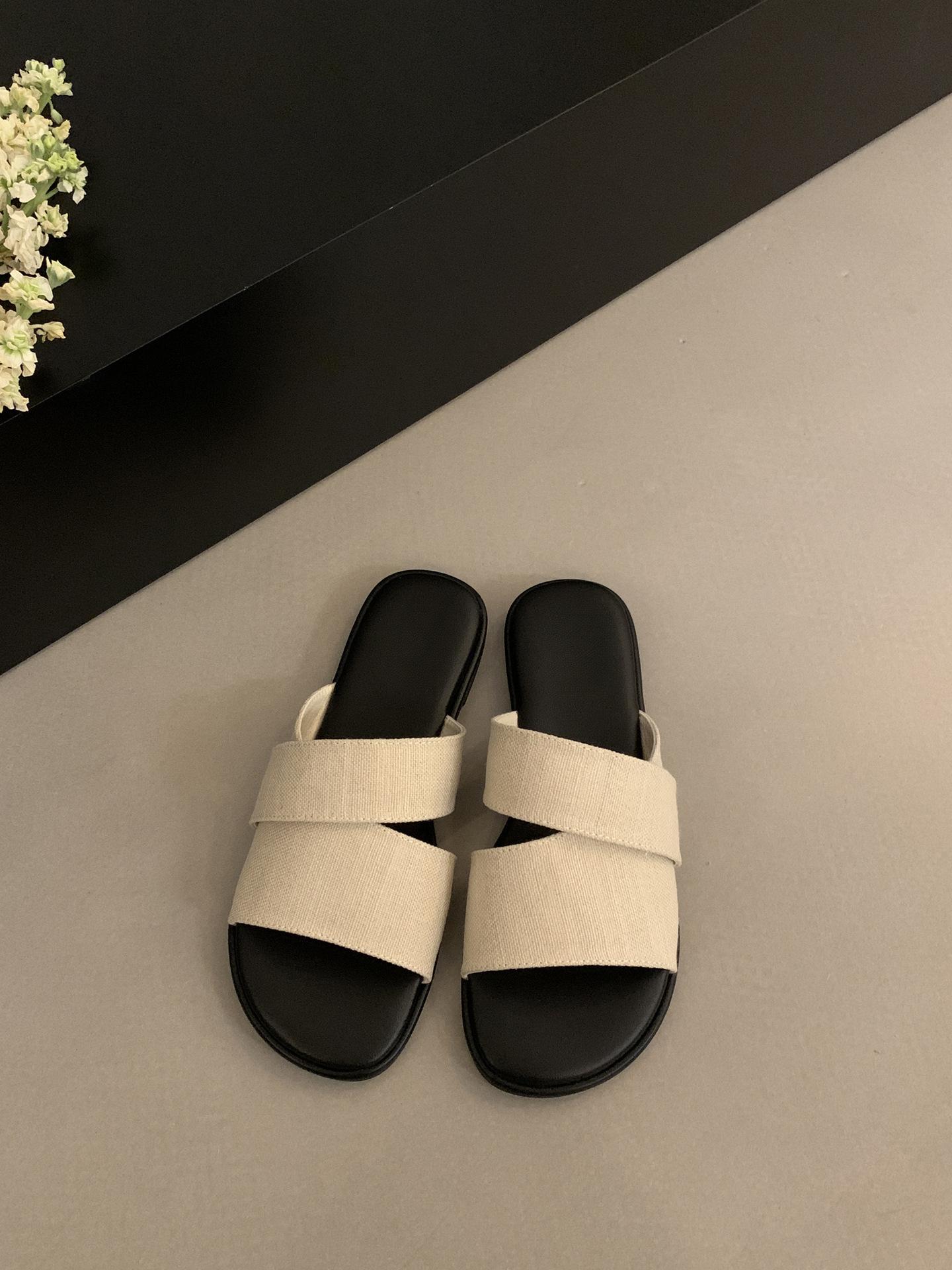 

Niche design sense linen square head open-toed flat-bottomed slippers female summer wear fairy wind seaside vacation beach sandals 35 бежевый