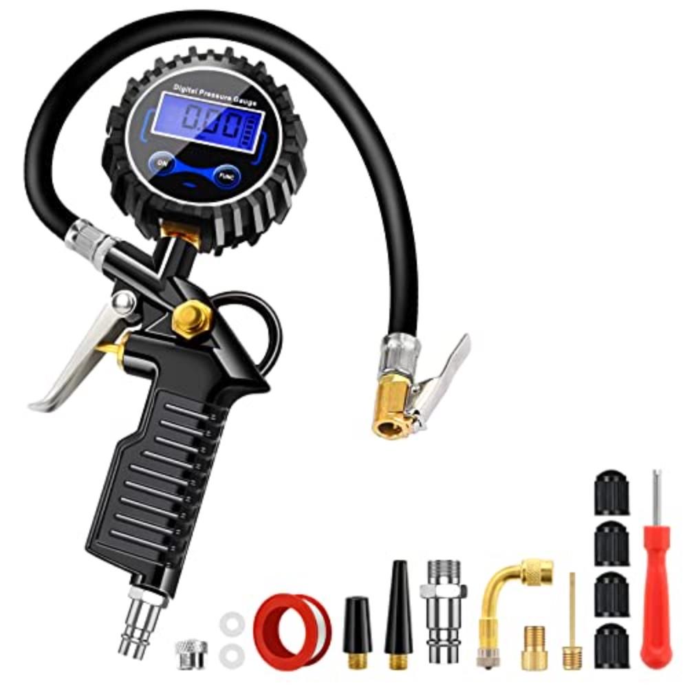 

Накачка шин Цифровой многофункциональный манометр Манометр для шин с 15 аксессуарами 220 фунтов на квадратный дюйм Манометр для измерения давления в шинах для компрессора автомобиля Motorc