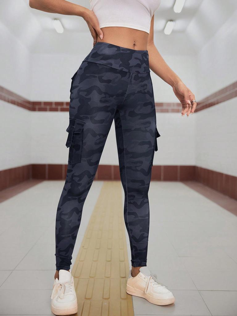 Rose Beauty A Camo Print Flap Pocket Side Running Yoga Stretch Leggings