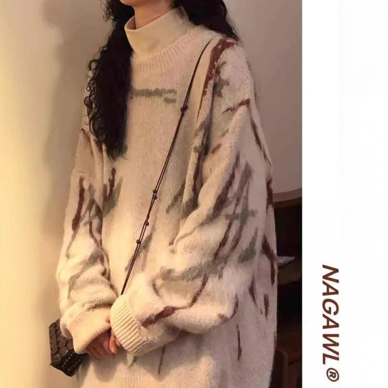 2026 Oversized Mohair Blend Knit Sweater Women Loose Fit Casual Round Neck Pullover In Black Beige