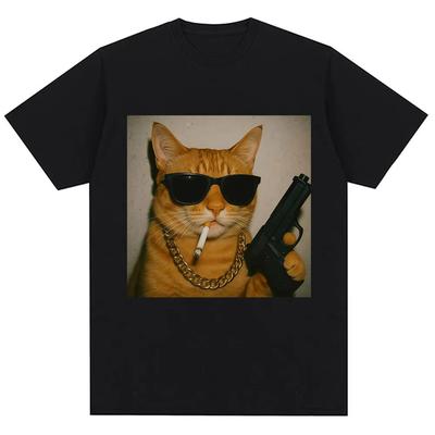 Funny Gangster Cat Meme Graphic T Shirts Unisex Women Humor Cat Lovers Vintage Tshirts Oversized Cotton Casual T Shirt Streetwear