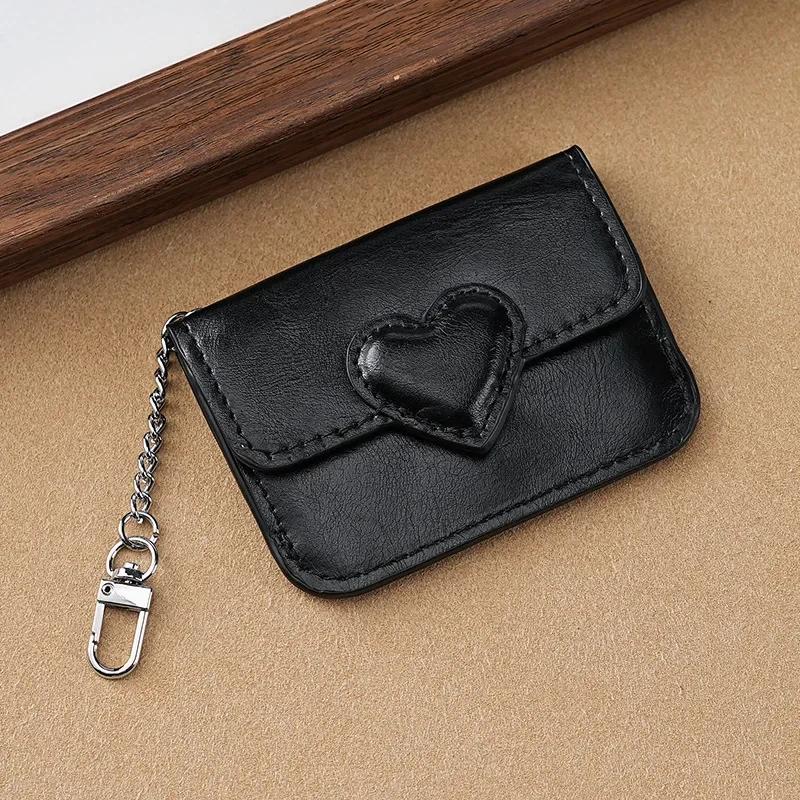 Women Vintage PU Leather Card Holder Cute Heart Shaped Small Wallet Multi-card Key Chain Card Holder Wallet Travel Cash Coin Bag