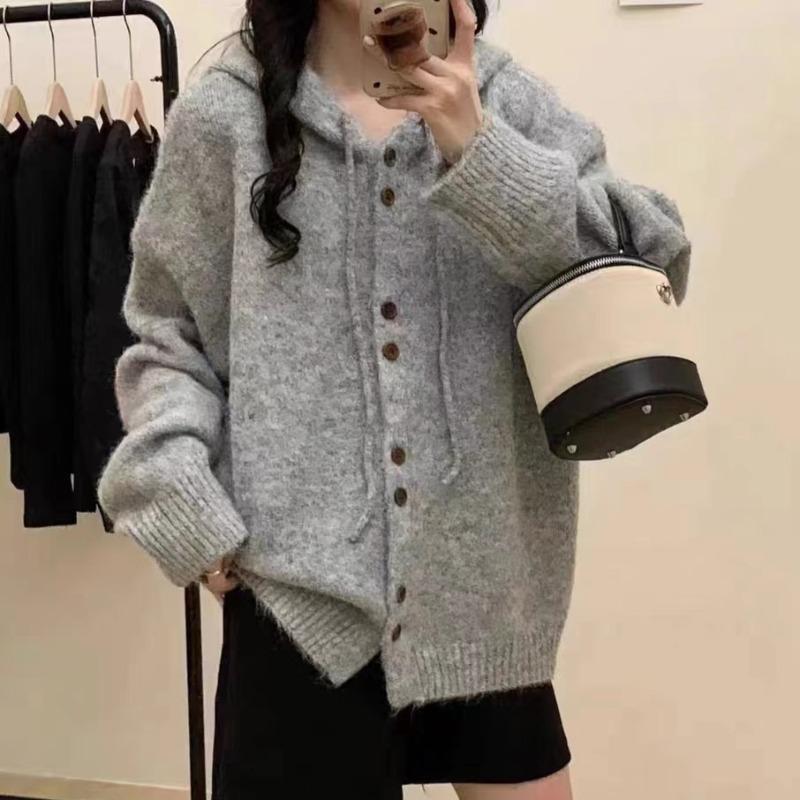 Autumn and Winter New Solid Color Hooded Knitted Cardigan Women's Soft Waxy Loose Lazy Versatile Sweater Jacket