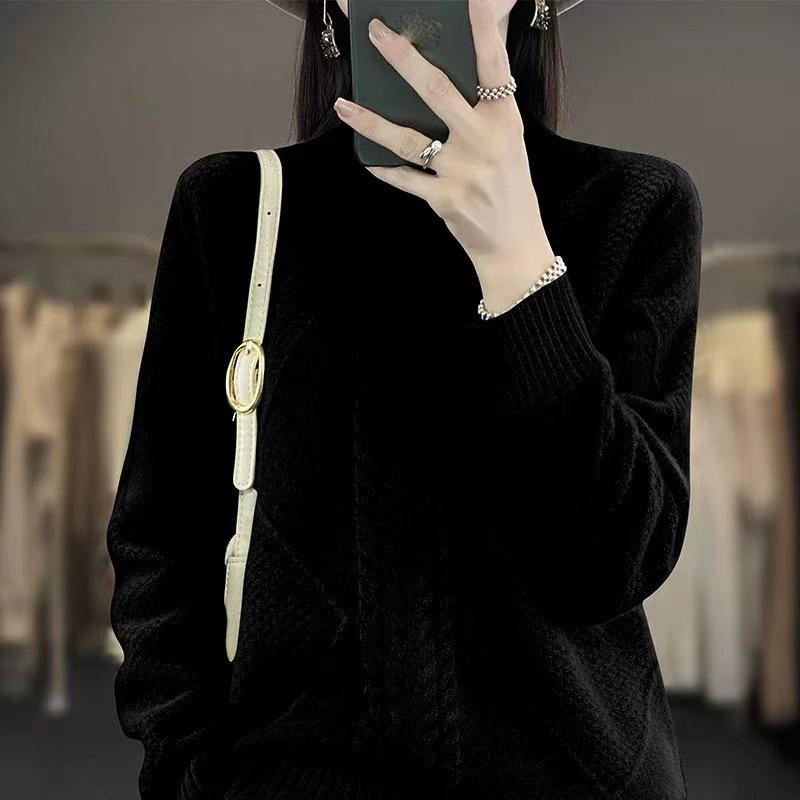 Women's Cashmere Clothing Solid Color Woven Casual Tops Female Fall Winter Sweaters Pure Wool Half-neck Pullover Jumpers