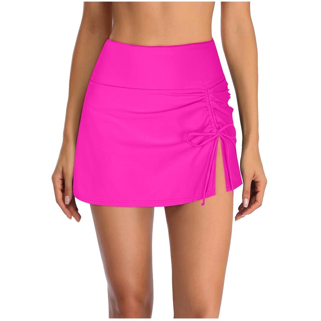 Women's Fashion Sexy Solid Color High Waist Pleated Slit Drawstring Swimming Briefs Double Skirt Swimming Trunks