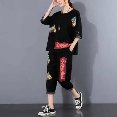 Ensemble deux pièces pour femme grande taille, t-shirt ample à applications de lettres déchiré et pantalon court