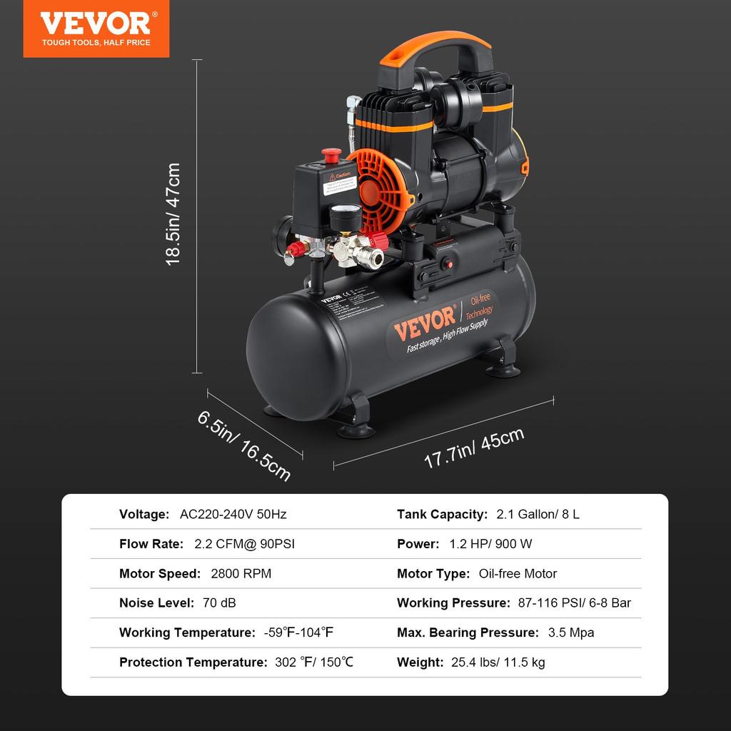 VEVOR Air Compressor 7.9 L 900W 2.2 CFM@ 90PSI 70 dB Ultra Quiet Oil Free
